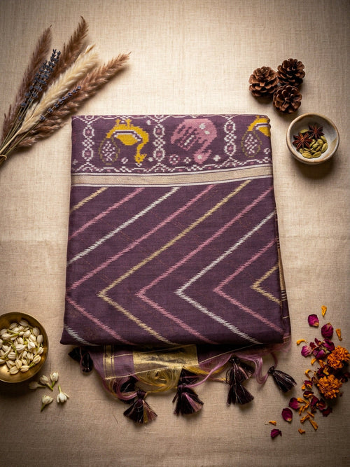 Purple Multicolor Printed Saree for Women | Ikat Style Cotton Saree with Tassels - SOL BY SMITHA