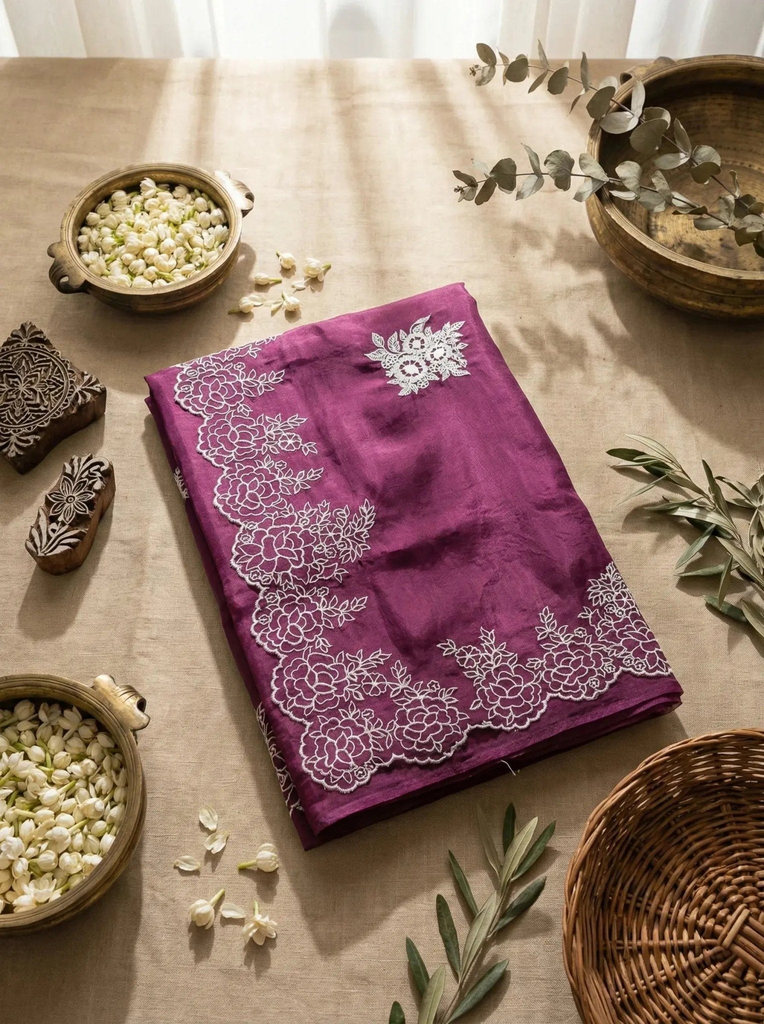 Purple Organza saree with white scallope - SOL BY SMITHA