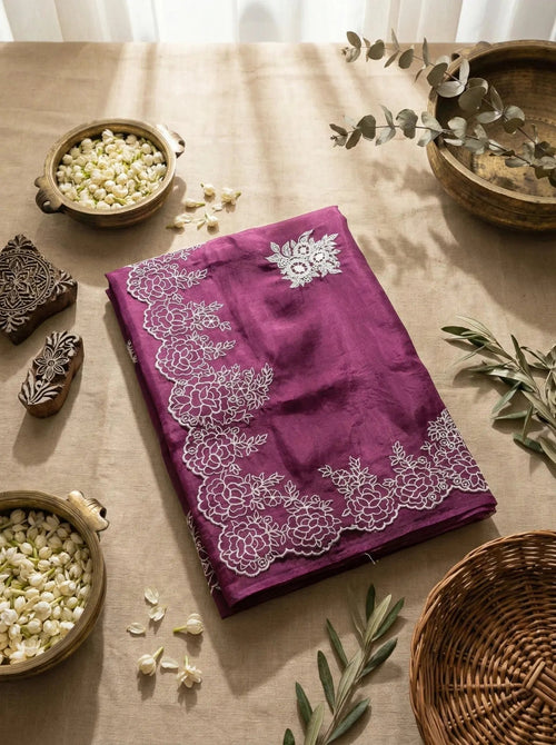 Purple Organza saree with white scallope - SOL BY SMITHA