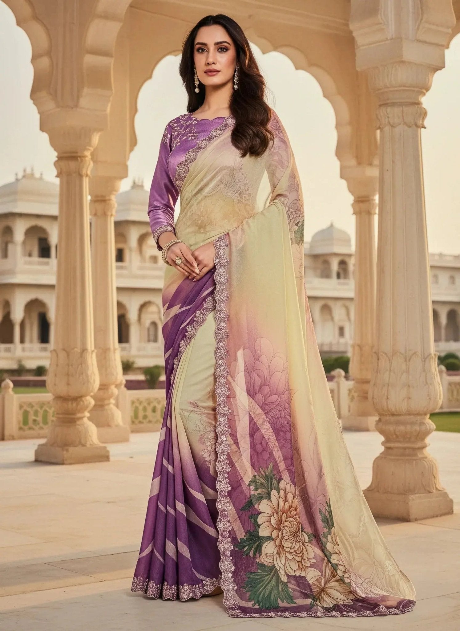 Rang Chatkila Lavender Floral Saree| Lightweight Printed Saree | Blouse Included - SOL BY SMITHA