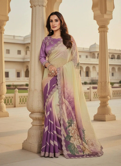 Rang Chatkila Lavender Floral Saree| Lightweight Printed Saree | Blouse Included - SOL BY SMITHA