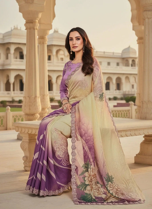 Rang Chatkila Lavender Floral Saree| Lightweight Printed Saree | Blouse Included - SOL BY SMITHA