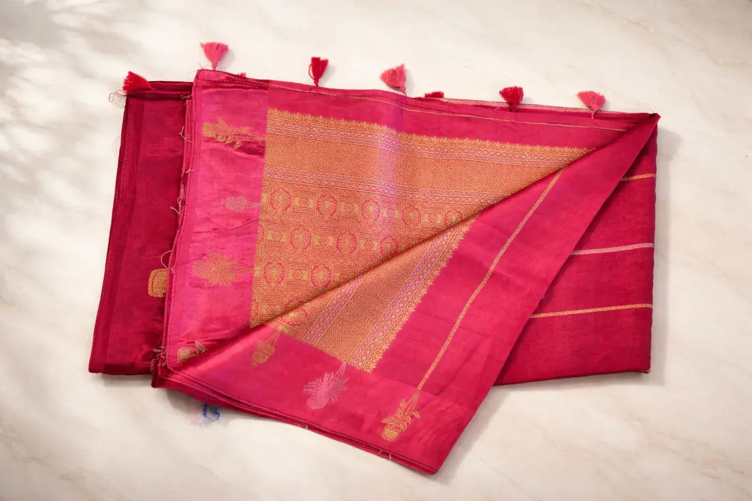 Rani Pink Silk Saree with Gold Zari Weaving - SOL BY SMITHA