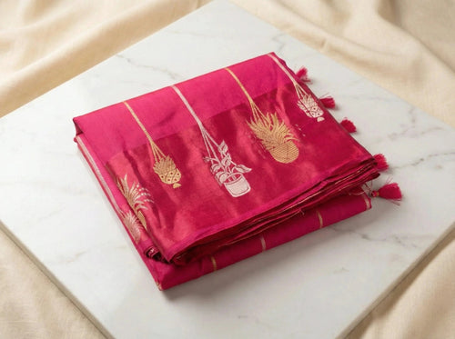 Rani Pink Silk Saree with Gold Zari Weaving - SOL BY SMITHA