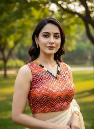 Red sleeveless blouse with intricate embroidery from SOL BY SMITHA, shown on a hanger highlighting the detailed design.