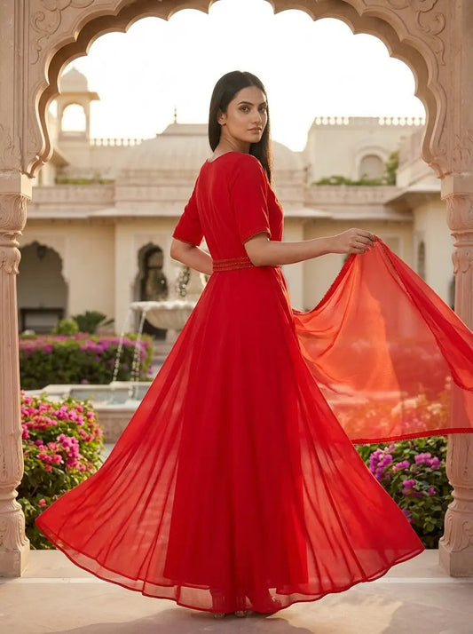 Red Gown With Handwork On Neck - SOL BY SMITHA