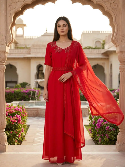 Red Gown With Handwork On Neck - SOL BY SMITHA