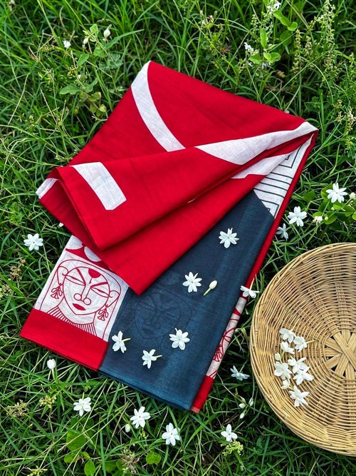 Red Jaipur Cotton Saree for Women | Hand Printed Artistic Cotton Saree - SOL BY SMITHA
