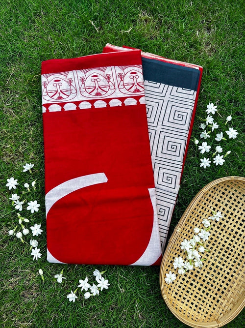 Red Jaipur Cotton Saree for Women | Hand Printed Artistic Cotton Saree - SOL BY SMITHA