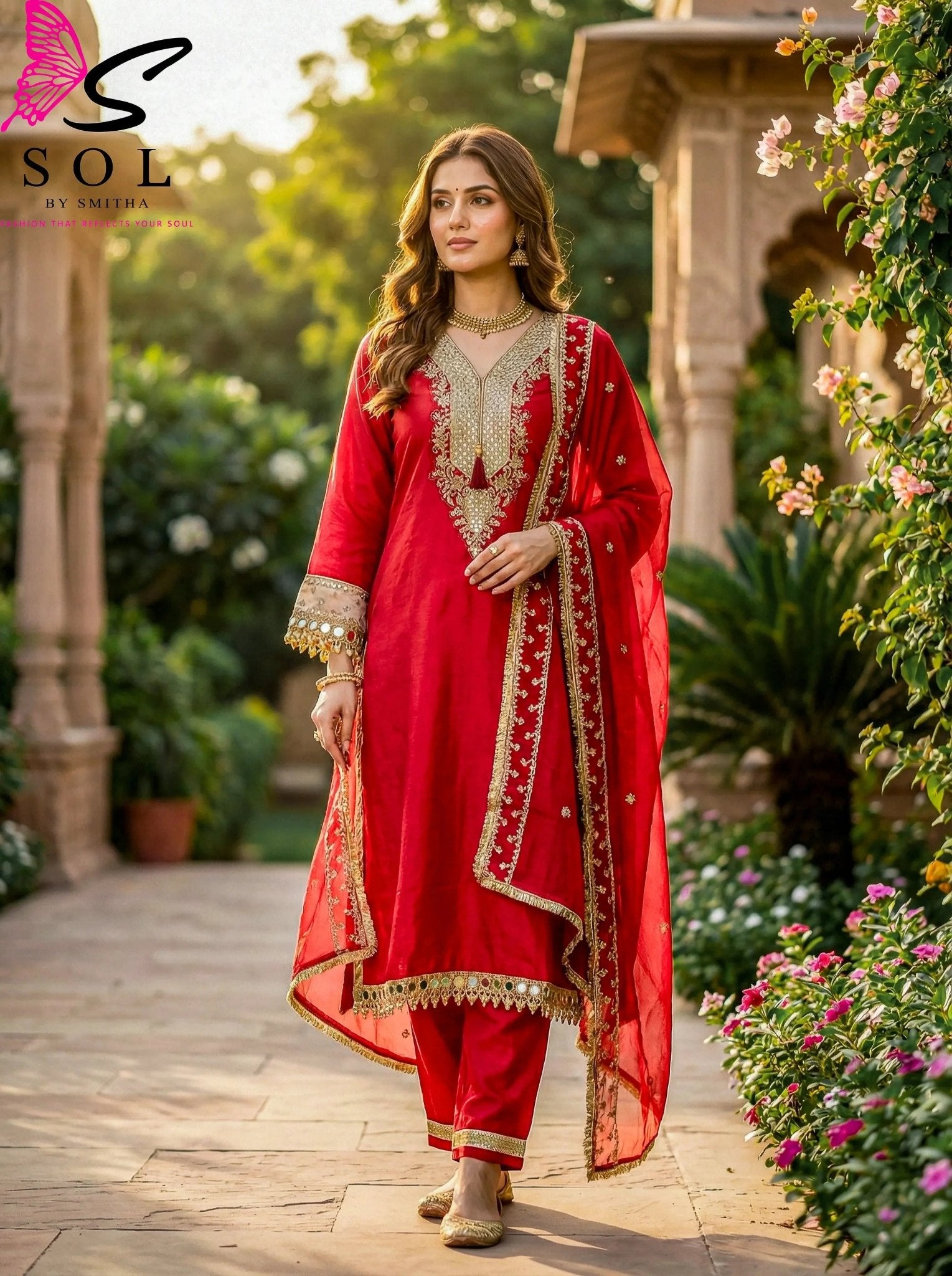 Red Mirror Work 3 PC Set - SOL BY SMITHA