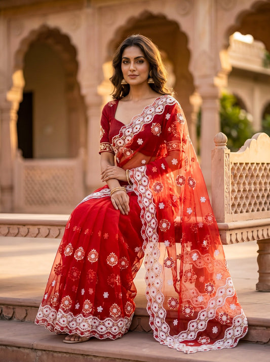Red Net Saree with Cutwork Embroidery | Elegant Party Wear - SOL BY SMITHA