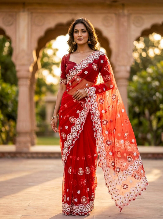 Red Net Saree with Cutwork Embroidery | Elegant Party Wear - SOL BY SMITHA
