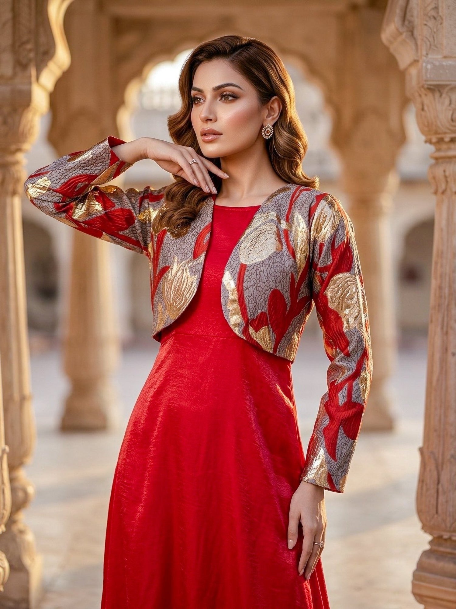 Red Shimmer Satin Gown with Designer Shrug | SOL by Smitha - SOL BY SMITHA