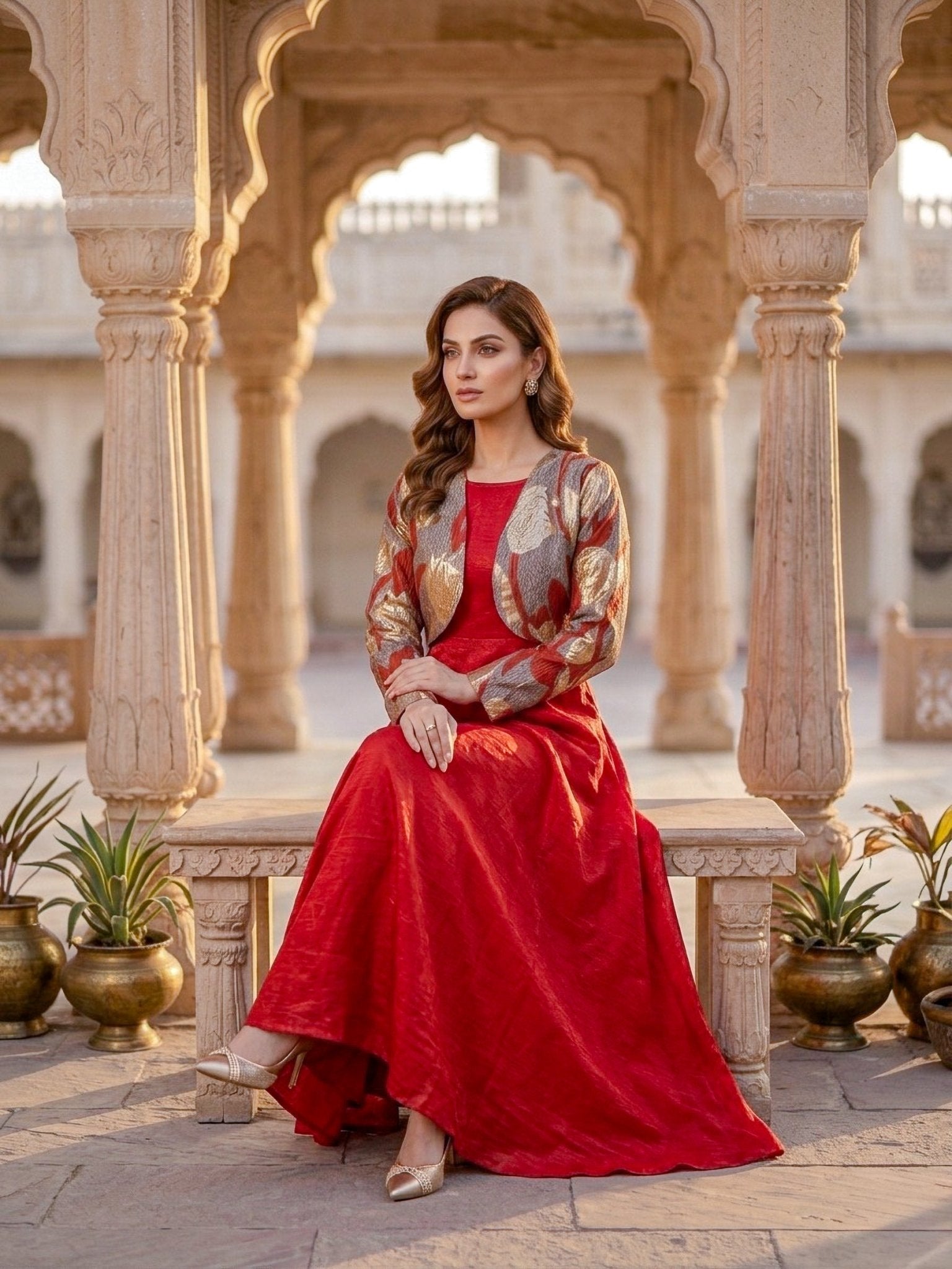 Red Shimmer Satin Gown with Designer Shrug | SOL by Smitha - SOL BY SMITHA