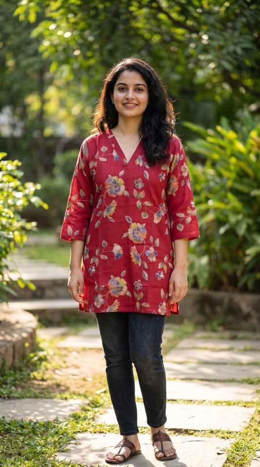 Red short Kurti by SOL BY SMITHA featuring a stylish design and comfortable fit, perfect for casual or festive occasions.
