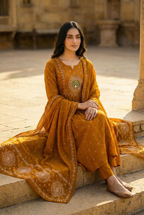 Rust Embroidered Pure Cotton 3PC Ethnic Suit Set - SOL BY SMITHA