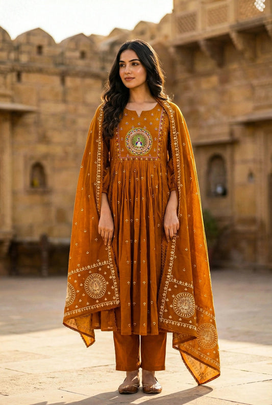 Rust Embroidered Pure Cotton 3PC Ethnic Suit Set - SOL BY SMITHA