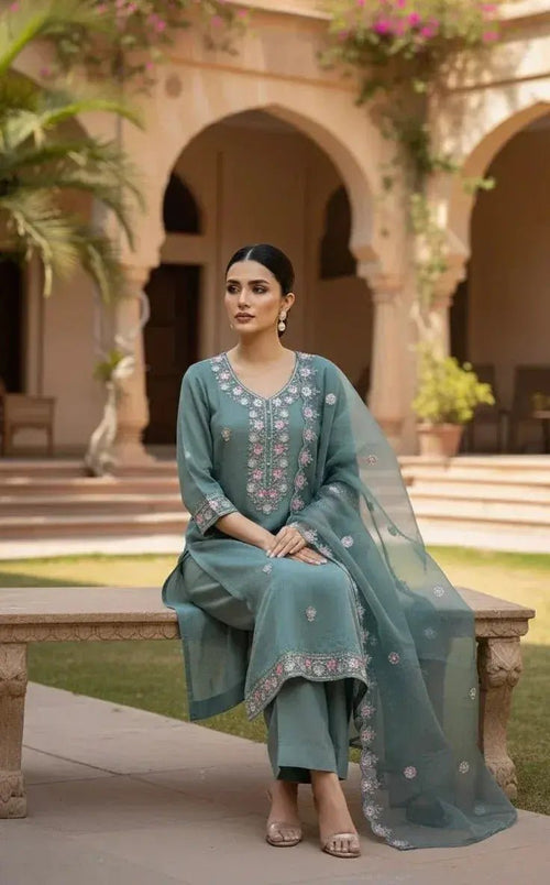 Sage Green Embroidered Suit Set - SOL BY SMITHA