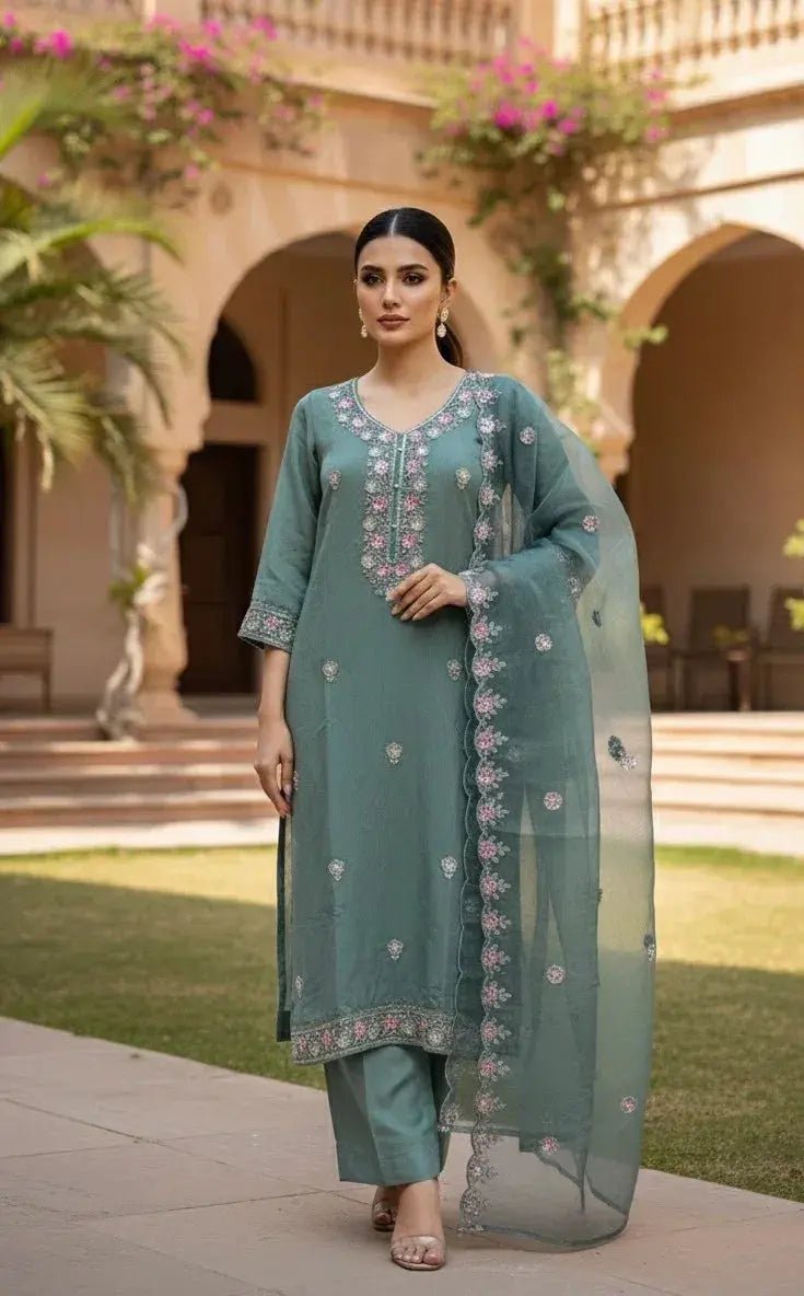 Sage Green Embroidered Suit Set - SOL BY SMITHA
