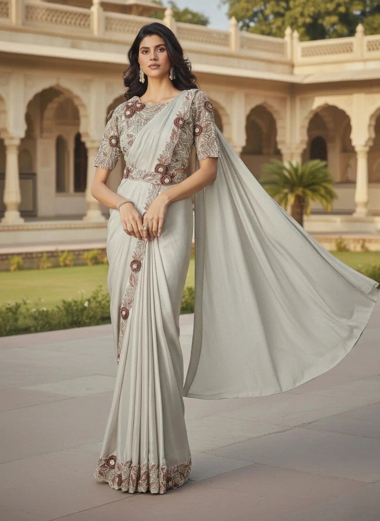 Soft satin silk one minute saree with readymade blouse - SOL BY SMITHA
