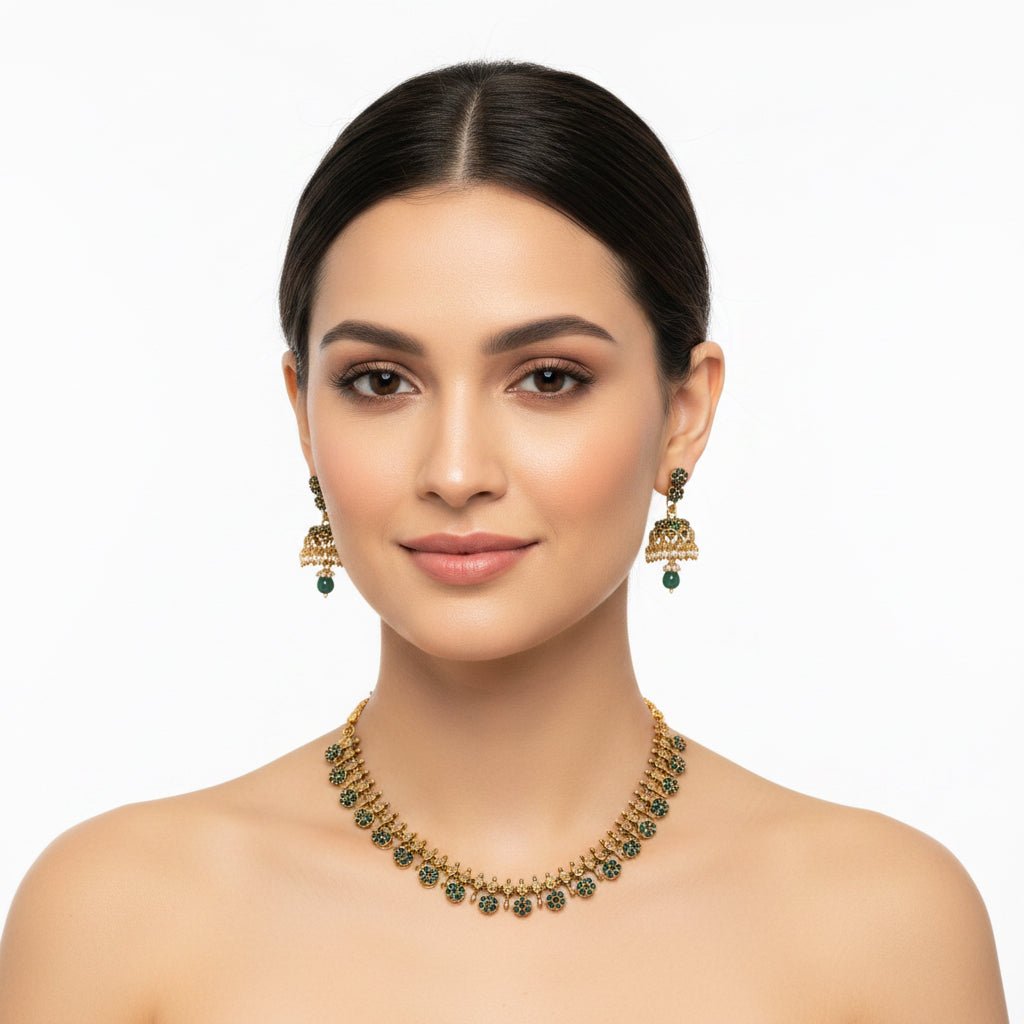 Colorful stone work dollar set featuring white, green, and red stones by SOL BY SMITHA, displayed in an elegant arrangement.