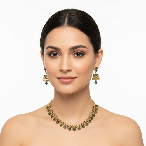 Colorful stone work dollar set featuring white, green, and red stones by SOL BY SMITHA, displayed in an elegant arrangement.