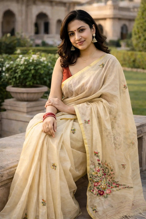 Tissue Pallu Katha Saree with Hand Embroidered Floral Design – Luxury Festive Wear - SOL BY SMITHA