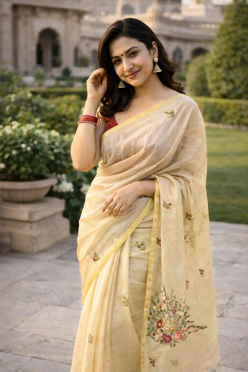 Tissue Pallu Katha Saree with Hand Embroidered Floral Design – Luxury Festive Wear - SOL BY SMITHA