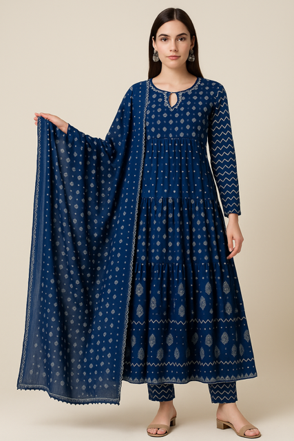 Elegant Full-Flared Cotton Anarkali 3-Piece Set