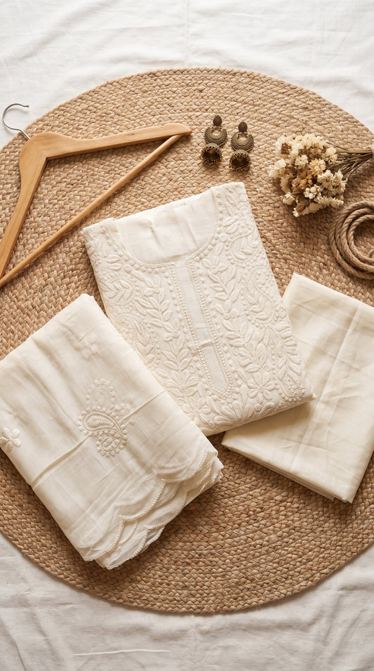Unstitch Mul Chanderi 3-piece suit by SOL BY SMITHA with intricate patterns and fabric details displayed on the fabric.