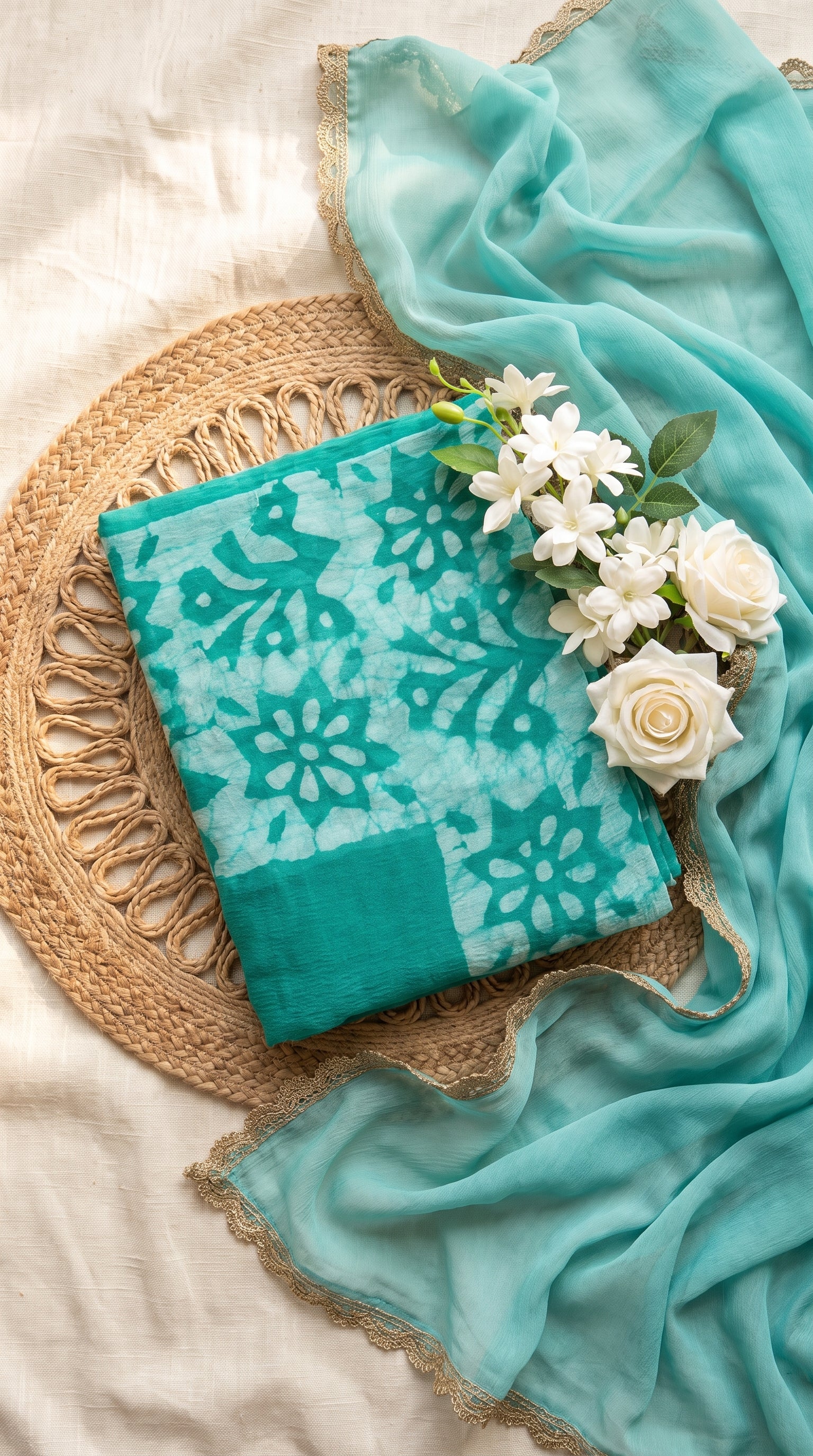 A folded turquoise and light blue patterned fabric piece with a matching sheer turquoise scarf, styled on a woven round mat with white flowers on a cream fabric background.