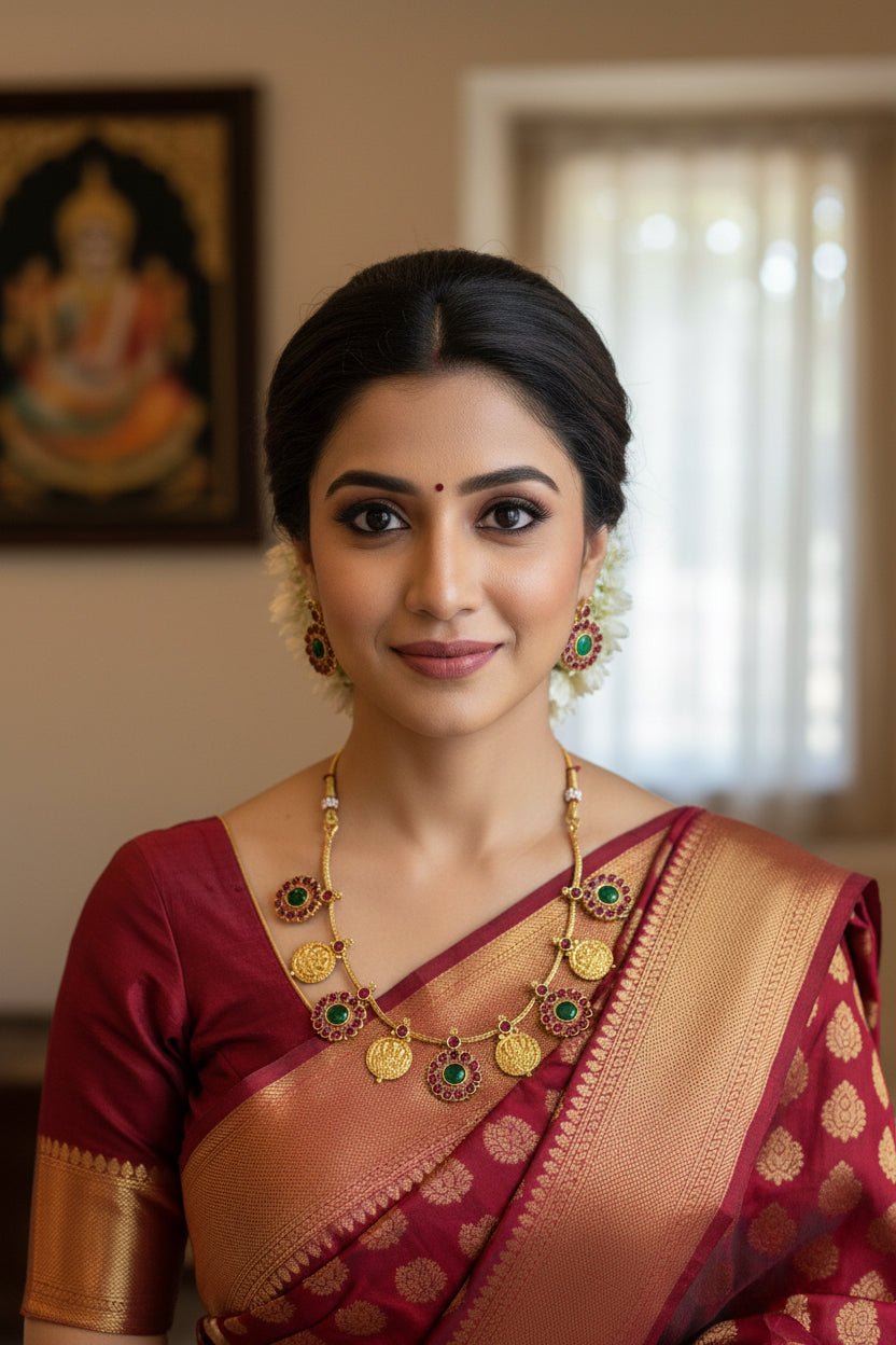Round Lakshmi Vishu Kaasu coin in red and multicolor by Sol by Smitha, featuring intricate traditional design.