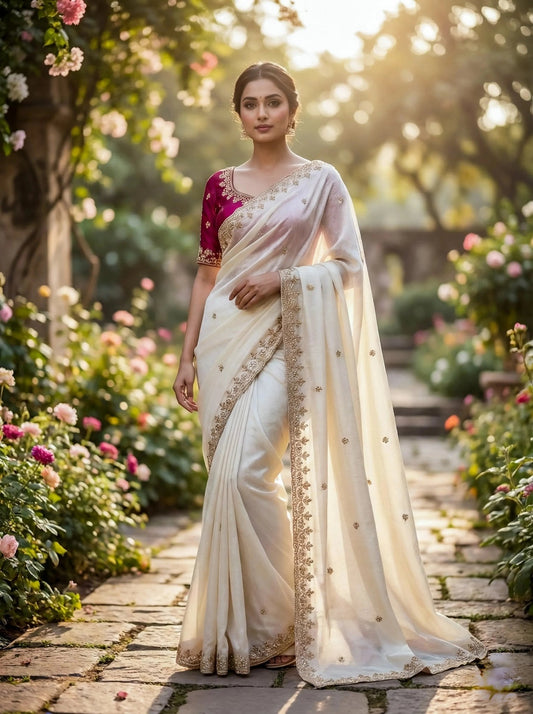 White Bead Work Saree - SOL BY SMITHA