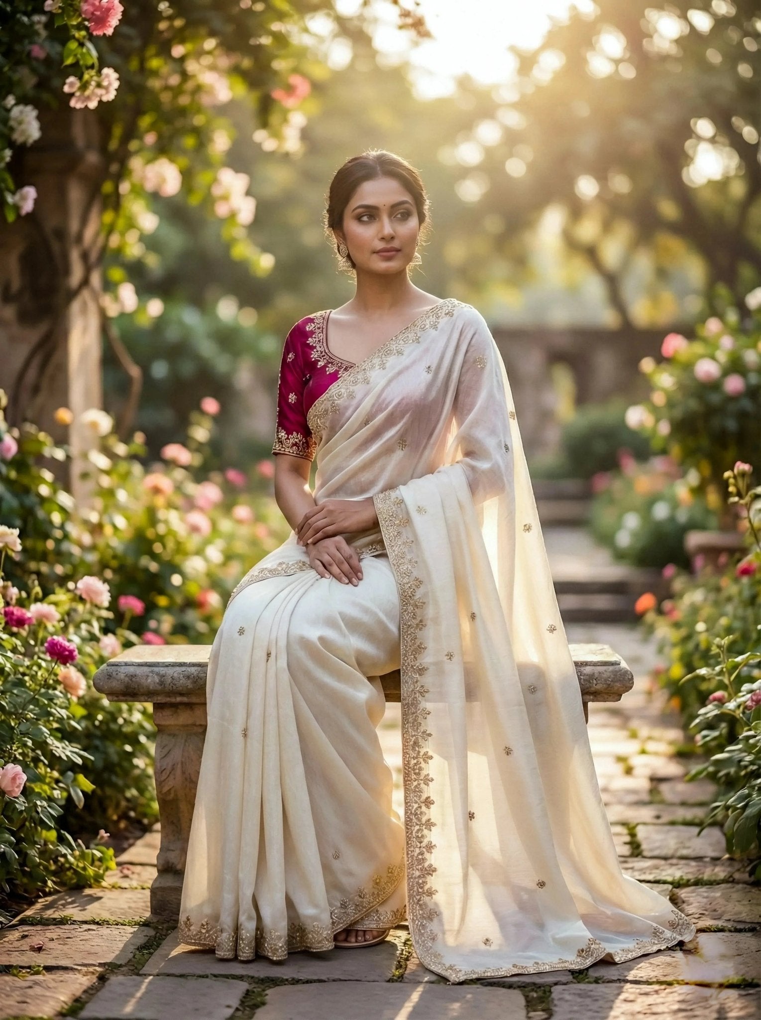 White Bead Work Saree - SOL BY SMITHA