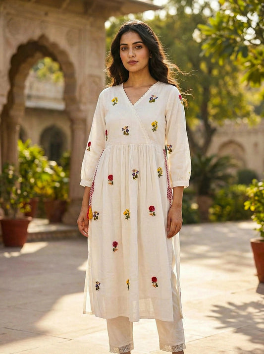 White Cotton 2 Piece Kurta Set for Women – Floral Embroidered Ethnic Wear - SOL BY SMITHA