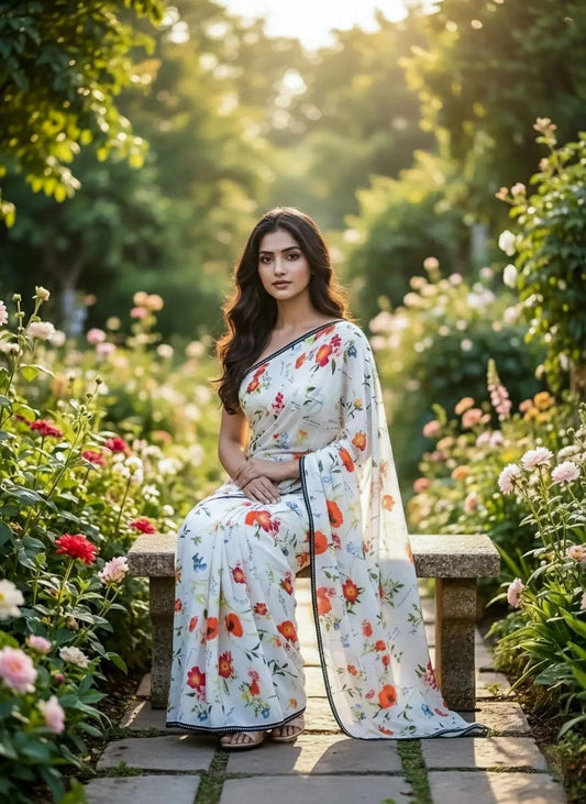 White saree with small black border from SOL BY SMITHA, detailed fabric and elegant drape visible in the image.