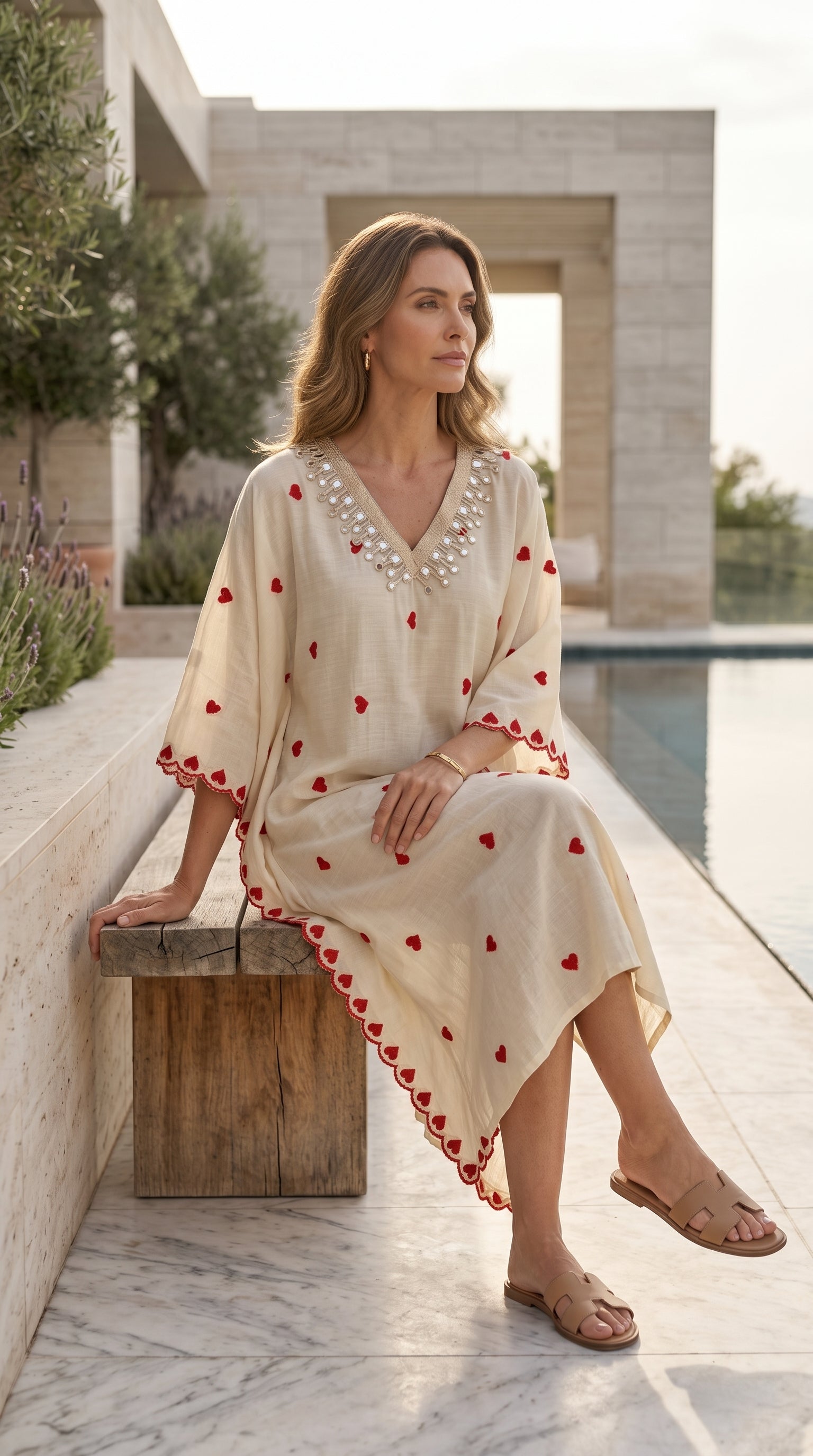 A woman sits on a wooden block by a pool wearing a cream kaftan dress decorated with red embroidered hearts and white pearl-like embellishments around the neckline. The background features a modern stone architectural structure and a swimming pool.