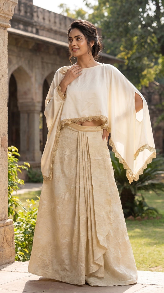 Women’s Armani satin cape and adjustable drape skirt set in crush brocade, stylish coord set by SOL BY SMITHA.