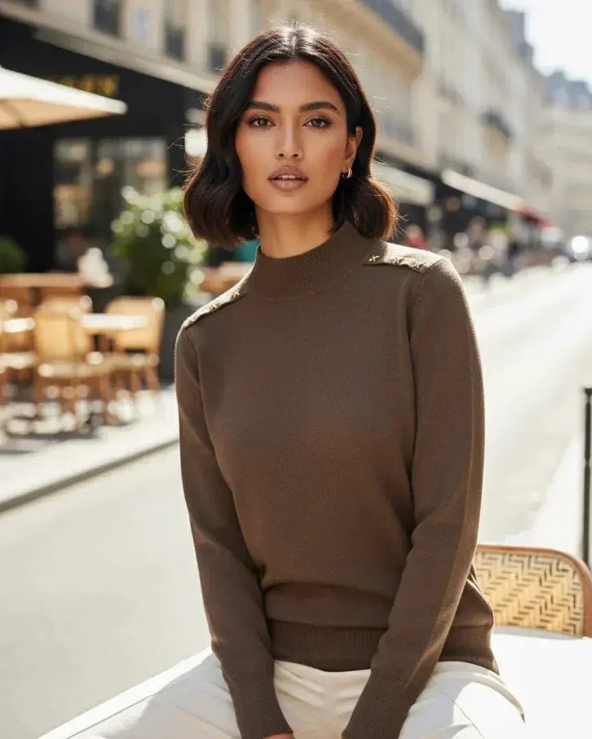 Women's Elegant Mock Neck Sweater with Gold Button Shoulder Embellishments - Long Sleeve, Knit Pullover Top - SOL BY SMITHA