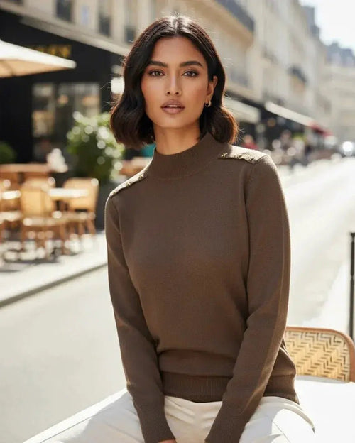 Women's Elegant Mock Neck Sweater with Gold Button Shoulder Embellishments - Long Sleeve, Knit Pullover Top - SOL BY SMITHA