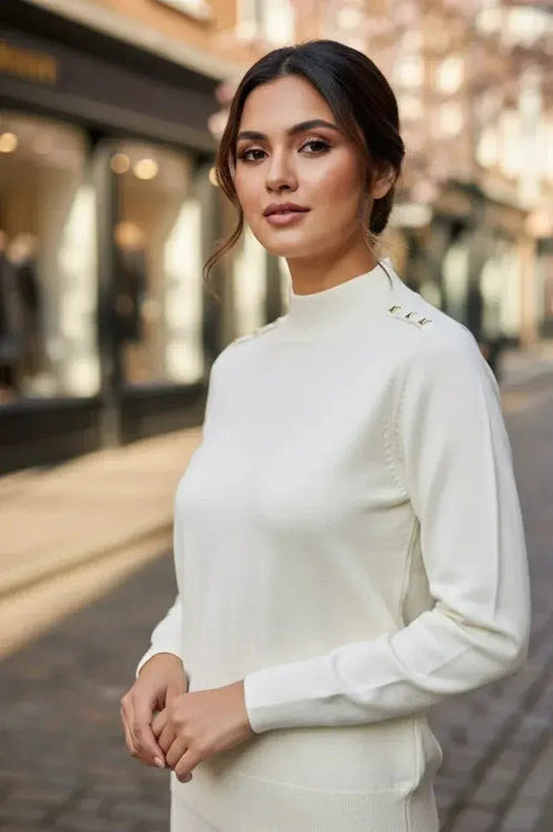 Women's Elegant Mock Neck Sweater with Gold Button Shoulder Embellishments - Long Sleeve, Knit Pullover Top - SOL BY SMITHA