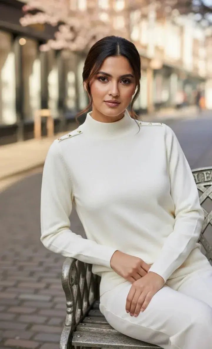 Women's Elegant Mock Neck Sweater with Gold Button Shoulder Embellishments - Long Sleeve, Knit Pullover Top - SOL BY SMITHA