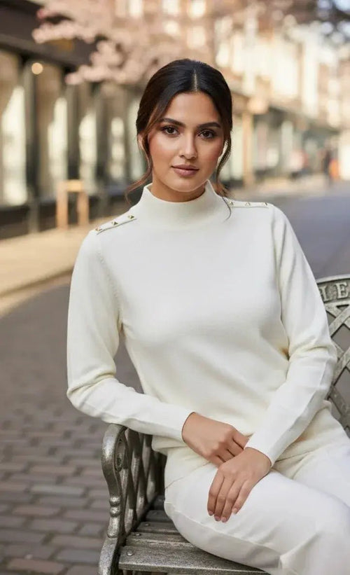 Women's Elegant Mock Neck Sweater with Gold Button Shoulder Embellishments - Long Sleeve, Knit Pullover Top - SOL BY SMITHA