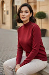 Women's Elegant Mock Neck Sweater with Gold Button Shoulder Embellishments - Long Sleeve, Knit Pullover Top - SOL BY SMITHA