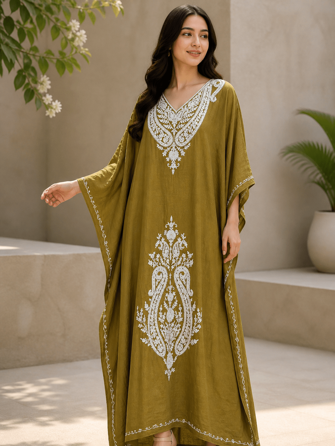Women’s Embroidered Viscose Kaftan Maxi Dress with Waist Tie – Relaxed Fit - SOL BY SMITHA