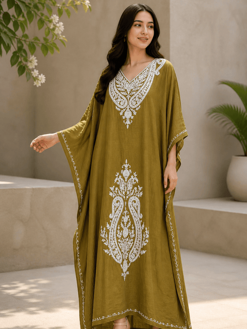 Women’s Embroidered Viscose Kaftan Maxi Dress with Waist Tie – Relaxed Fit - SOL BY SMITHA
