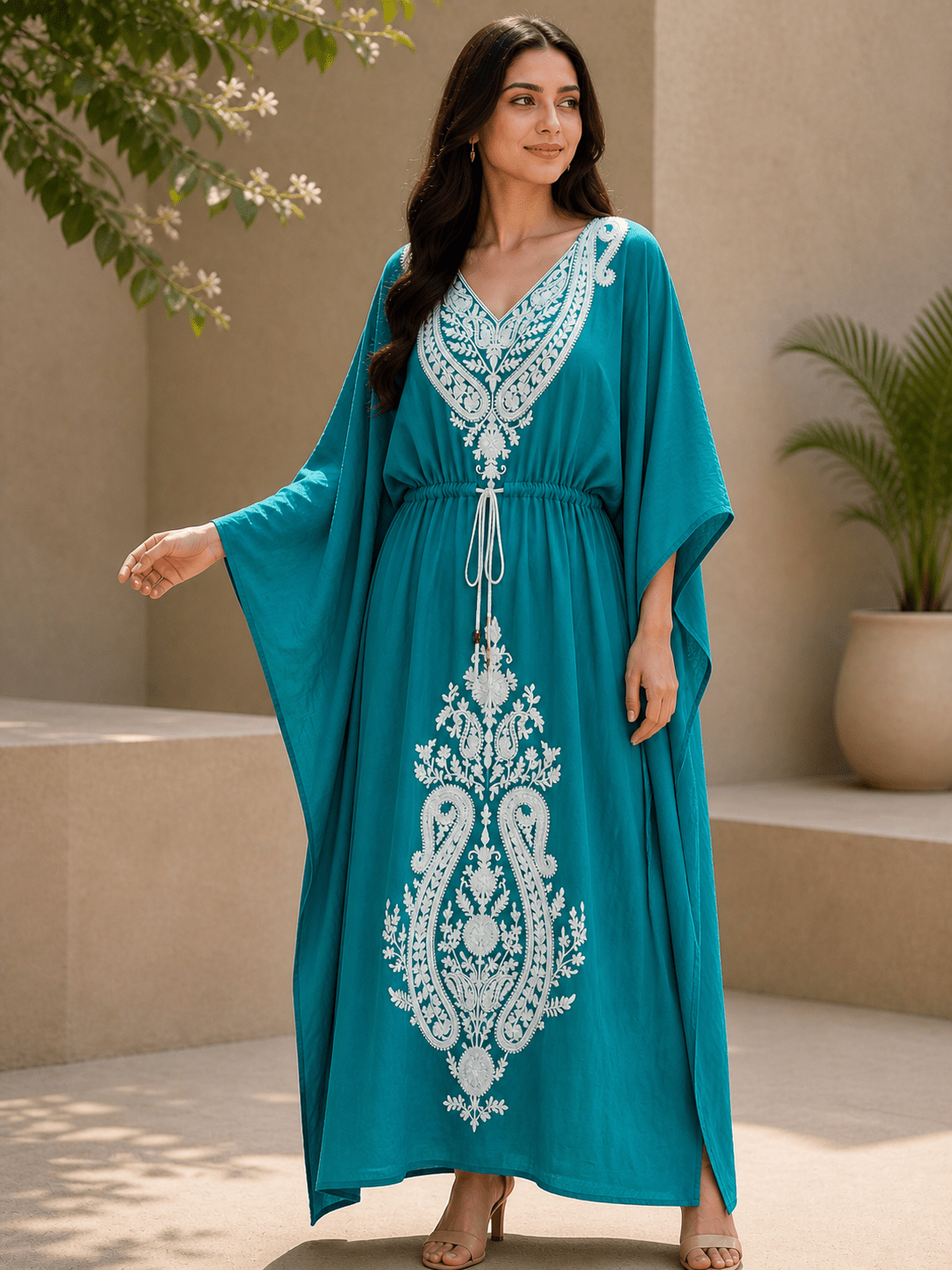 Women’s Embroidered Viscose Kaftan Maxi Dress with Waist Tie – Relaxed Fit - SOL BY SMITHA