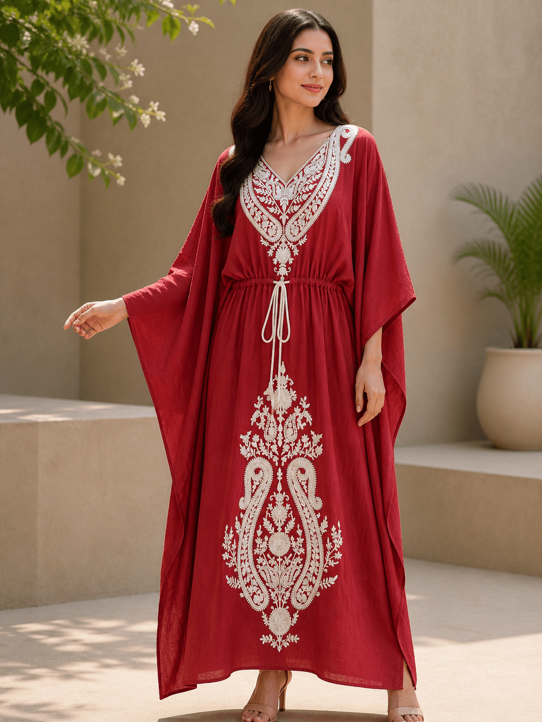Women’s Embroidered Viscose Kaftan Maxi Dress with Waist Tie – Relaxed Fit - SOL BY SMITHA