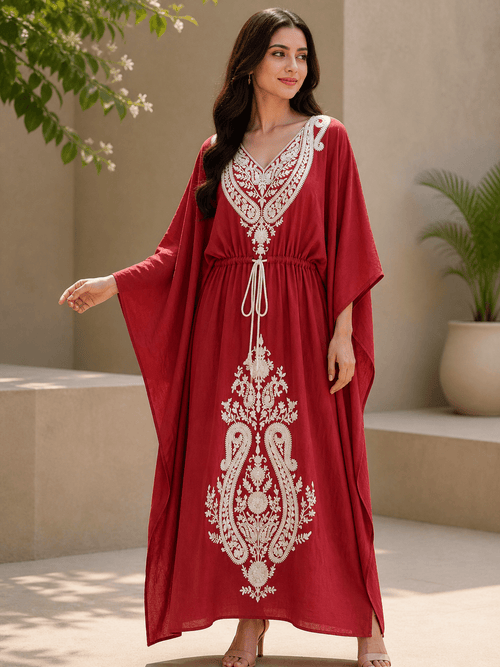 Women’s Embroidered Viscose Kaftan Maxi Dress with Waist Tie – Relaxed Fit - SOL BY SMITHA