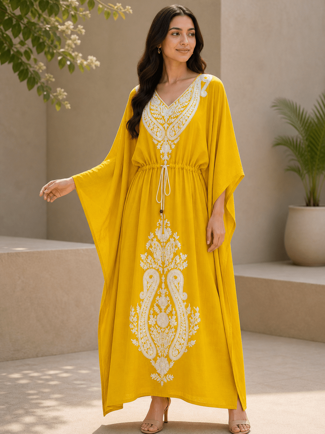 Women’s Embroidered Viscose Kaftan Maxi Dress with Waist Tie – Relaxed Fit - SOL BY SMITHA